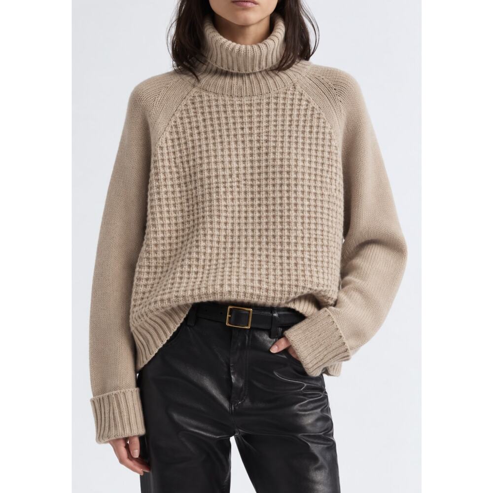 Nili Lotan S 100% Cashmere Turtleneck Waffle Knit Boxy Amaya Sweater Tan Taupe